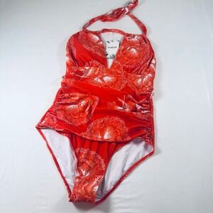 Eomenie Womens XL Orange Floral Ruched Halter One Piece Swimsuit Deep V-Neck NWT